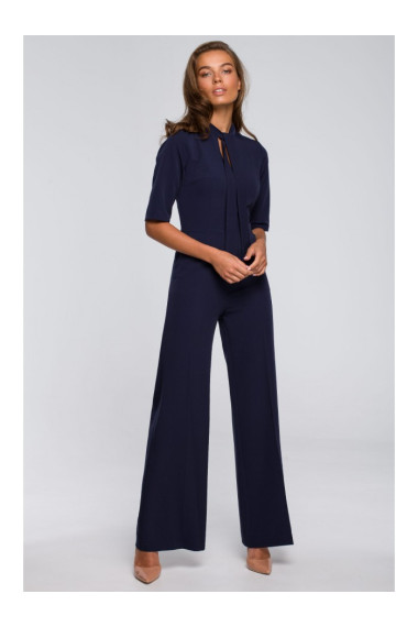 S243 Elegant jumpsuit with a tie neck - navy blue