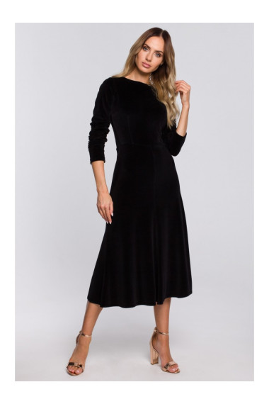 M557 Velvet Midi Dress With Gathered Sleeves - black