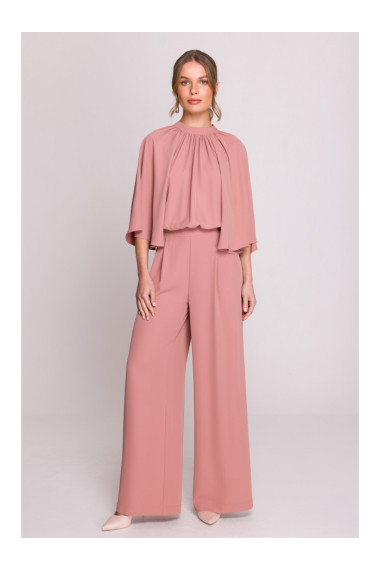 S397 Kombinezons ar platām piedurknēm un šķeltu muguru - rožains