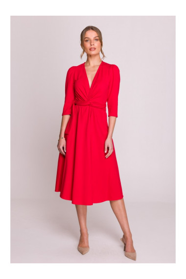 S404 Fit and flare knit dress with a tie belt - red