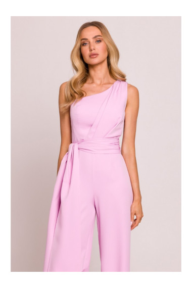 M845 One shoulder jumpsuit with a sash - candy pink