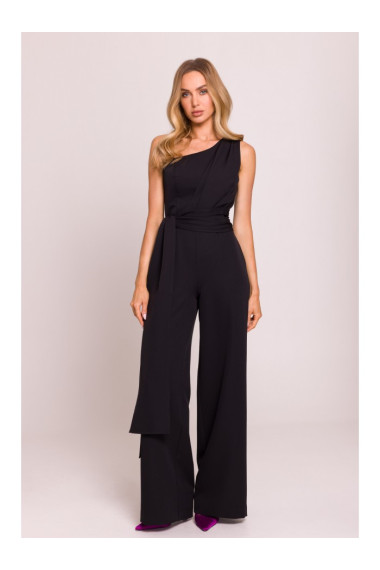 M845 One shoulder jumpsuit with a sash - black