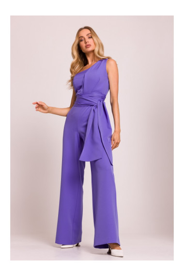 M845 One shoulder jumpsuit with a sash - light purple