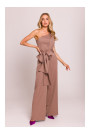M845 One shoulder jumpsuit with a sash - mocca