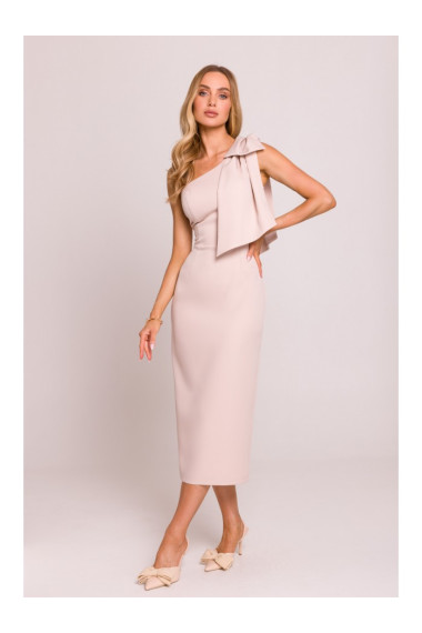 M847 One shoulder bow dress - light beige