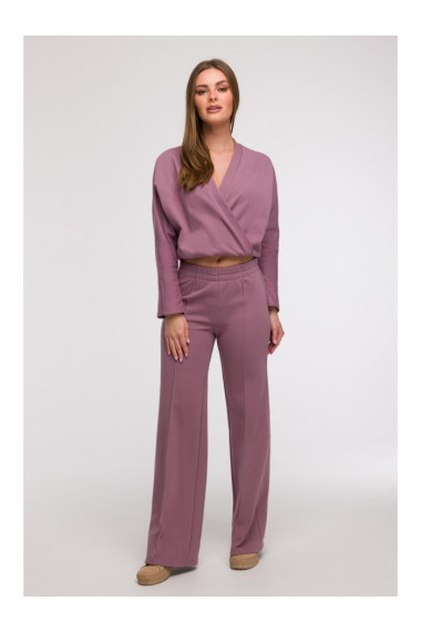 B296 Wide leg trousers with front seams - heather