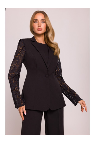 M865 Lace panels single button blazer - black