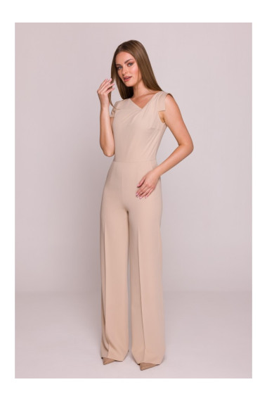 S407 Elegant jumpsuit with asymmetrical neckline - beige