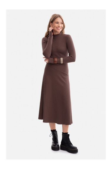B299 Ribbed midi dress with asymmetrical waistline - brown