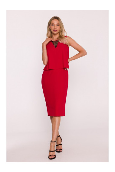S422 Dress with lace insert - red
