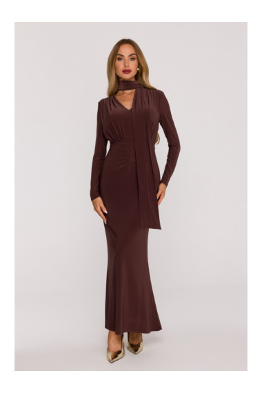 M891 Ruched dress with a sash - brown