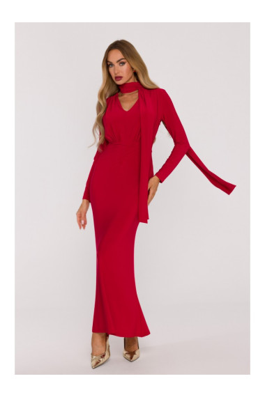M891 Ruched dress with a sash - red