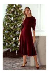 M557 Velvet Midi Dress With Gathered Sleeves - maroon