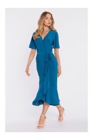 M912 Apmetuma midi kleita ar volāniem un rievām - okeāna zila